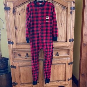 Adult Lazy One red black plaid long johns Bear Cheeks one piece pajamas - size M